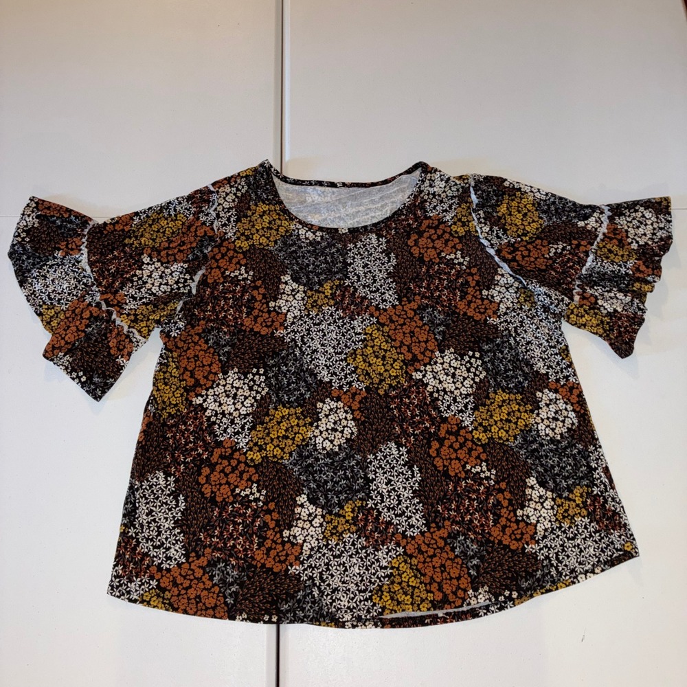 Floral Flutter Sleeve Blouse Rust Mustard Patchwork Ditsy Print Top Women Large